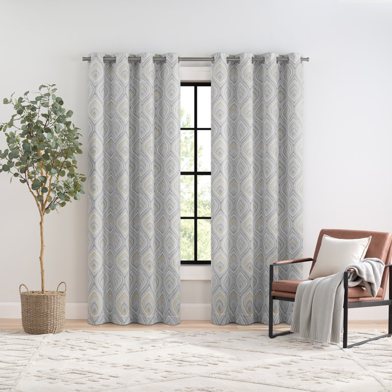 Eclipse Kaver Absolute Zero Blackout Plus Draft Stopper Window Curtain Panel, 50 Inches Wide x 84 Inches Long, Single Panel, Geo Pattern, Yellow-Grey