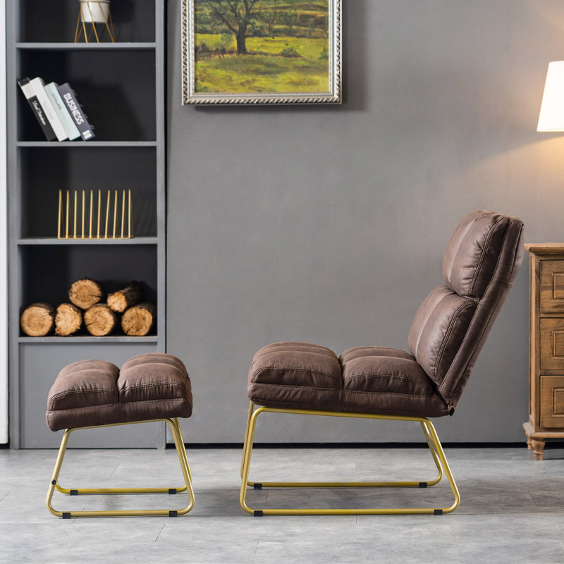 Fauteuil d'appoint avec repose-pieds en métal Endri, Tissu brun