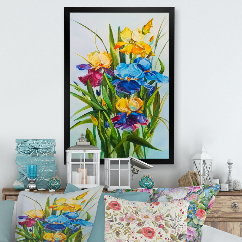 Bouquet d'iris bleus et mauves - peinture, Cadre photo noir, H 20 po x l 12 po x P 1 po