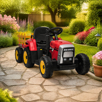 Tracteur 12 V pour enfants, véhicule électrique pour tout-petits avec remorque amovible, télécommande, phares à DEL et pneus EVA pour le jeu intérieur et extérieur