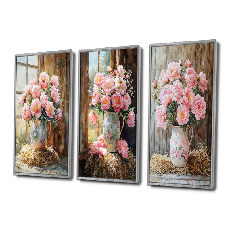 Bouquet de pivoines champêtres dans un vase à lait I - Collection d'art mural traditionnel, H 40 po x l 60 po, Argent argent