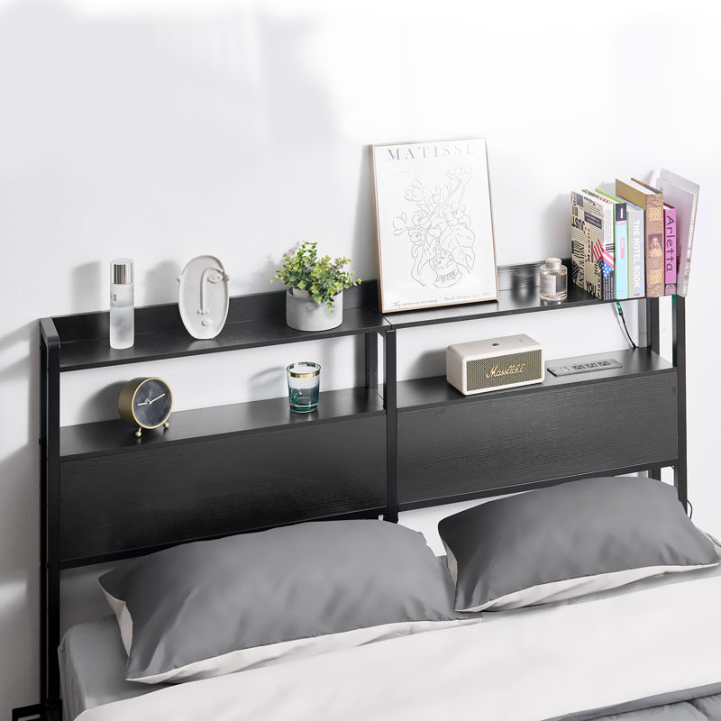 Tête de lit pour lit, tête de lit à hauteur réglable avec 2 tablettes de rangement, tête de lit autoportante avec station de charge et lumière DEL pour différents cadres de lit, assemblage facile