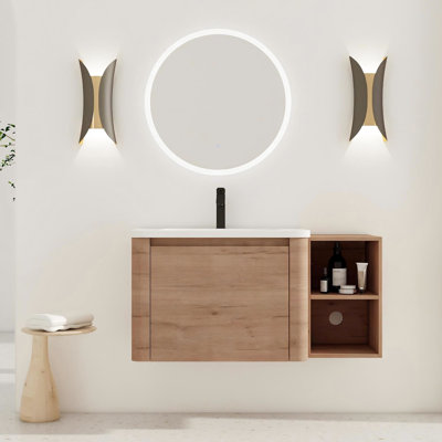 Meuble-lavabo mural de 40 po avec lavabo en céramique blanc, tablettes de rangement et 1 porte à fermeture en douceur, emballage en kd, fabrication en contreplaqué, charnières à fermeture silencieuse, rebords arrondis avec base supplémentaire,