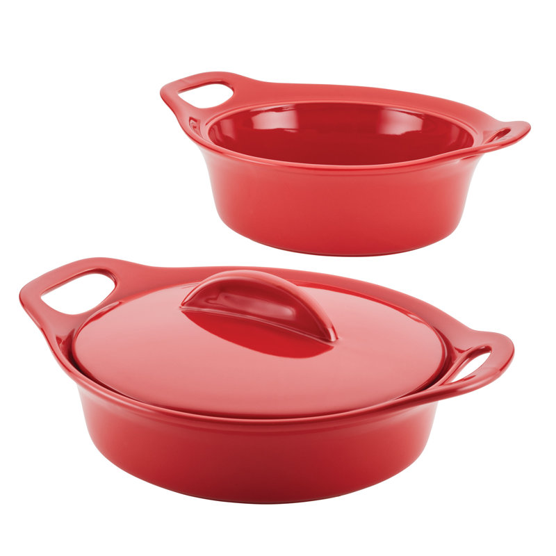 Rachael Ray Ceramic Casserole Bakers Set, Includes 1.5-Quart And 2-Quart Round Casserole, With Shared Lid, 3 Piece, Red, Red