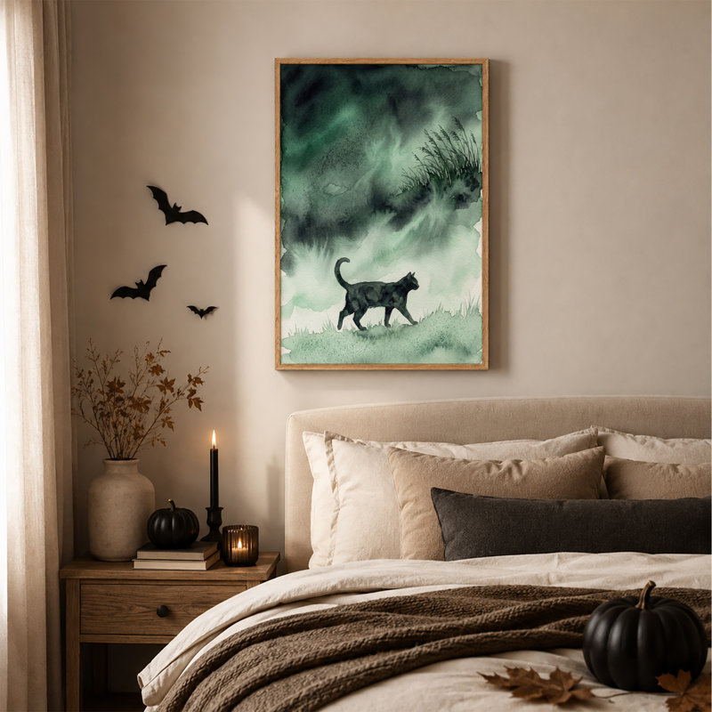 Chat noir marchant dans une toile murale d'Halloween de style aquarelle verte, 48"H x 32"W