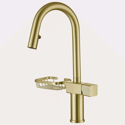 High Arc Pull-Down Kitchen Faucet - Single Hole Stainless Steel, Modern Sink Faucet (Brushed Gold)​