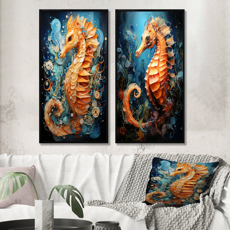 Orange et bleu, hippocampe Symphony I - ensemble de 2 reproductions d'art sur toile, H 32 po x l 33 po, Cadre flottant noir