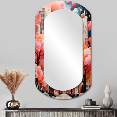Bubble gum cityscape horizon II - City Art Deco Cylinder Unique Wall Mirror Decor, Pink Asymmetrical Large Mirror, Printed Metal Art