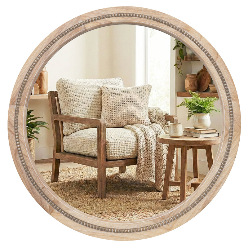 Miroir mural rond en bois massif, Bois naturel, 30 po x 30 po