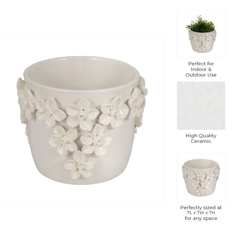 Sagebrook Home 7" Floral Applique Planter, White, 7" H x 7" W x 7" D, Ivory