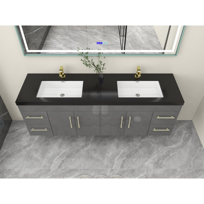 Campy 72" Wall-Mounted Double Bathroom Vanity Set, High Gloss Gray, Matte Gold