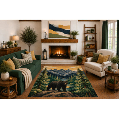 Tapis « Ultra Léger » 152 x 213 cm (5 pi x 7 pi) Black Bear Mountain, motif rustique forêt de conifères et lac, idéal pour le salon, le chalet ou la chambre à coucher. Dos en silicone antidérapant, poils courts.