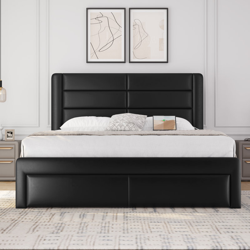 Avelle Vegan Leather Metal Platform Storage Bed with Drawers and Built-In USB Ports, Full, Black