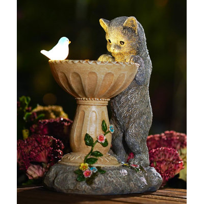 Statue de chat solaire pour décoration de jardin: Résine résistante aux intempéries avec éclairage automatique - Aucune installation - Art de balcon pour patio extérieur - Cadeaux d'anniversaire pour les amateurs d'oiseaux maman grand-mère
