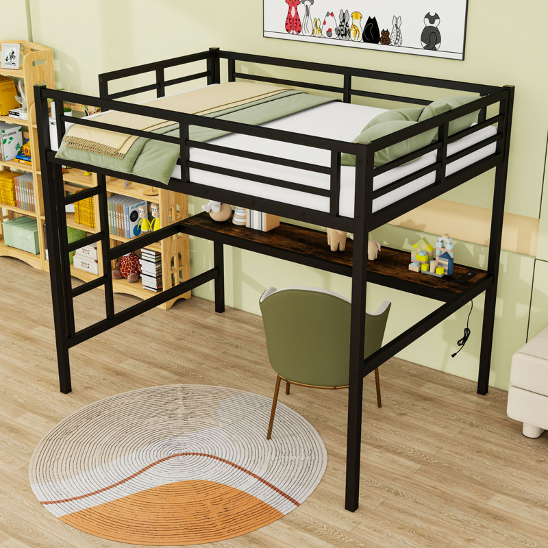Metal Loft Bed With Charging Station And LED Lights And Built-In Desk, Full