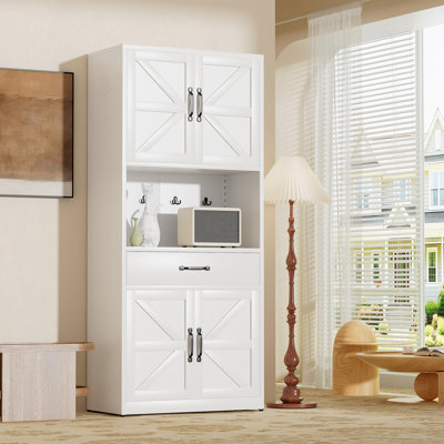 Armoire de rangement de 71 po de hauteur en acier blanc avec grand comptoir, tablettes réglables, tiroirs et crochets, armoire robuste de style moderne