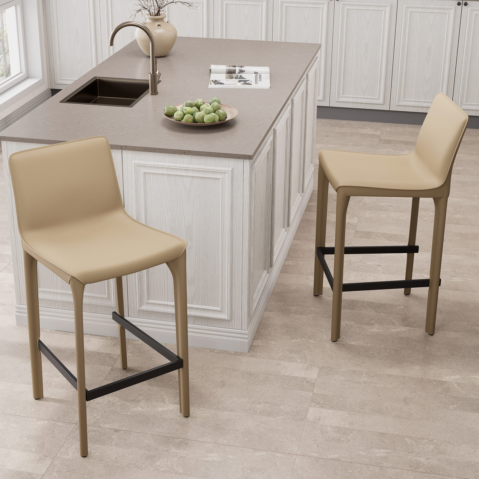 Vannes Vegan Leather Barstool, Khaki, 2
