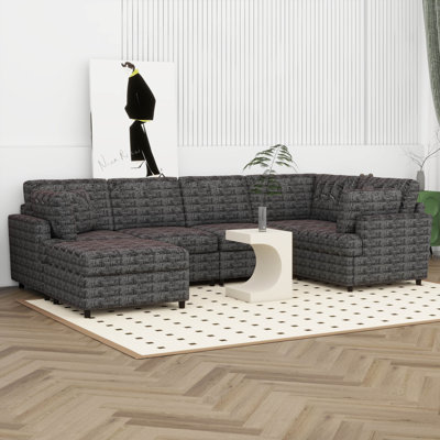 127" U-Shaped Sectional Sofa With Movable Ottoman, Chenille 6-Seat Convertible Modular Corner Couch With With Sturdy Pine Wood Frame