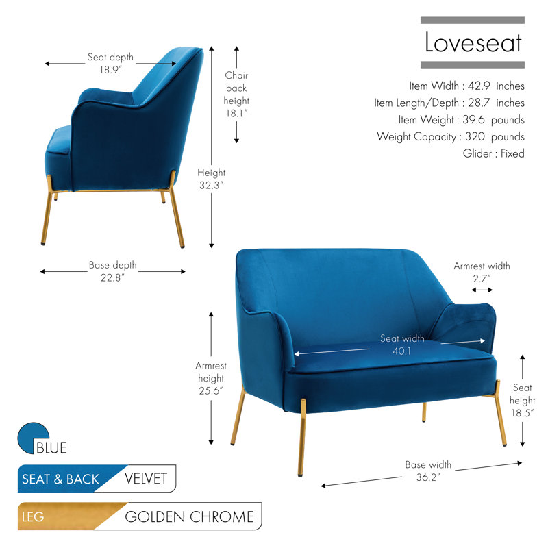 Causeuse en velours Dame de 42,9 po de largeur avec pieds chromés Dame, Velours bleu