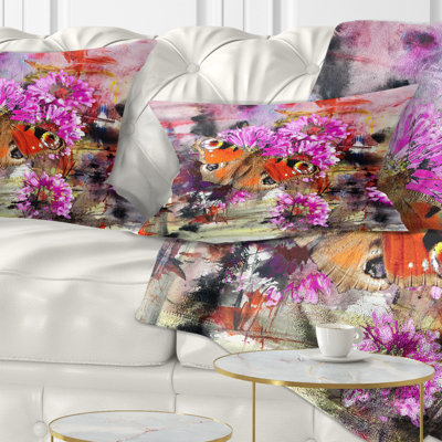 Coussin décoratif à fleurs roses et papillons mignons