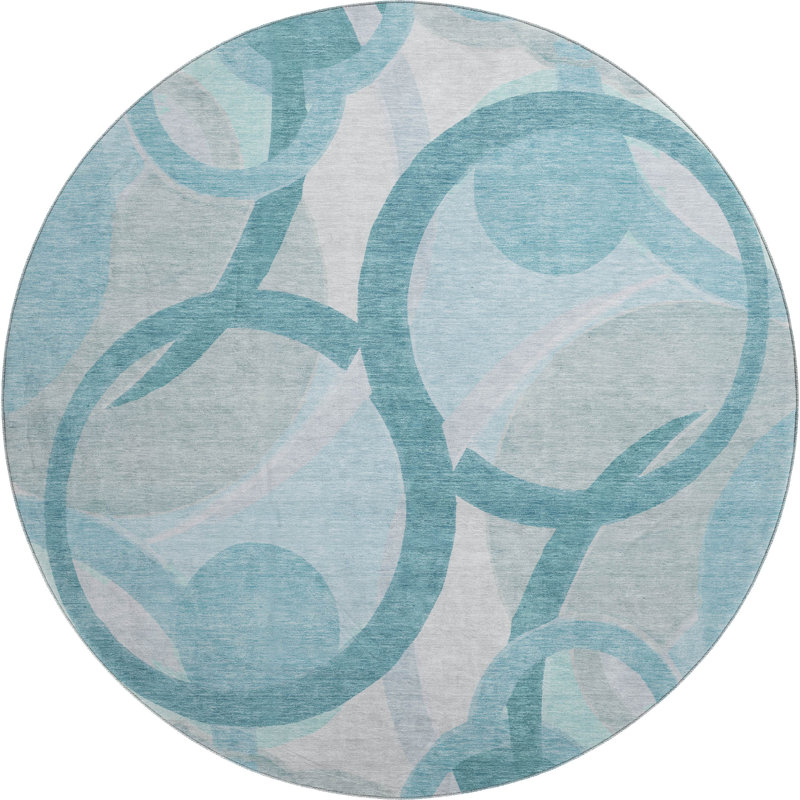 Tapis géométrique de qualité supérieure lavable à la machine Mayfield, Sarcelle, Rond 8 pi