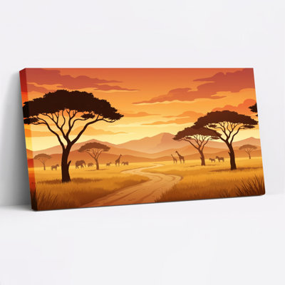 Ensemble de 1 tableau sur toile représentant un coucher de soleil sur la savane africaine