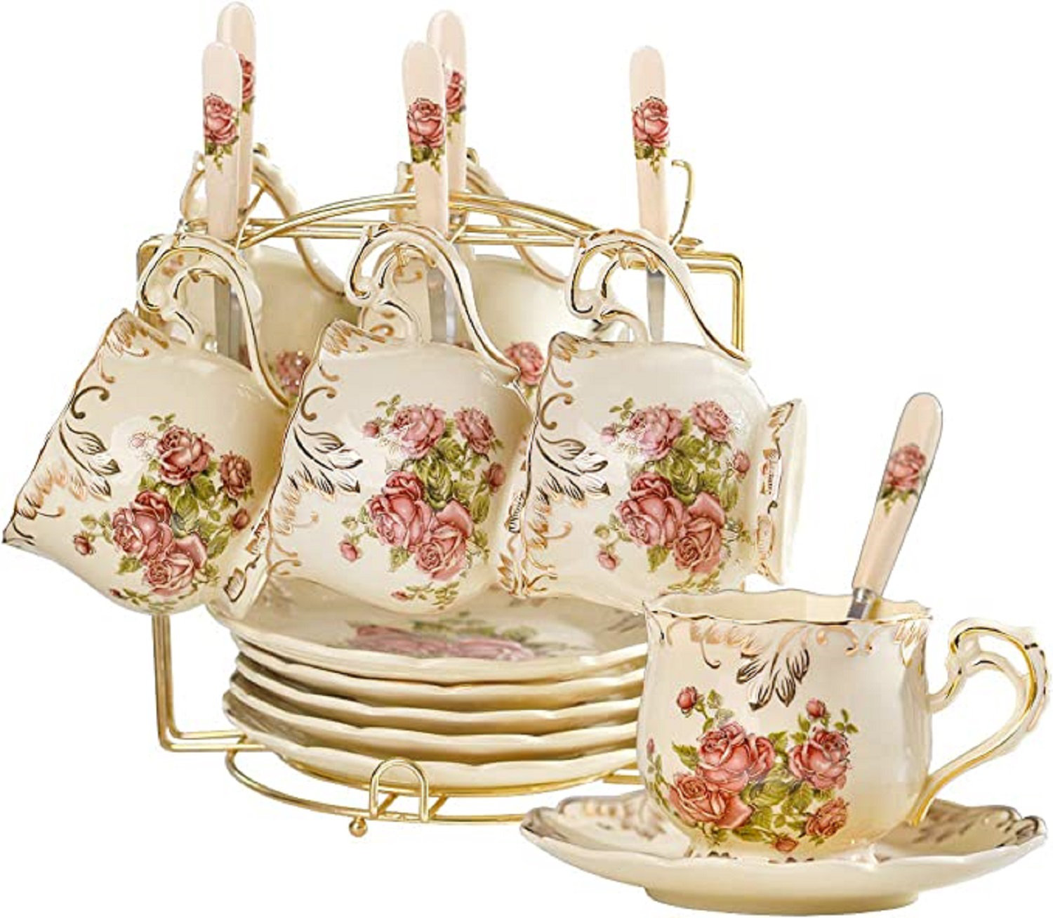 8oz. Set of 4 Coffee/Tea Cups On Metal Stand-Red and Ivory Flower