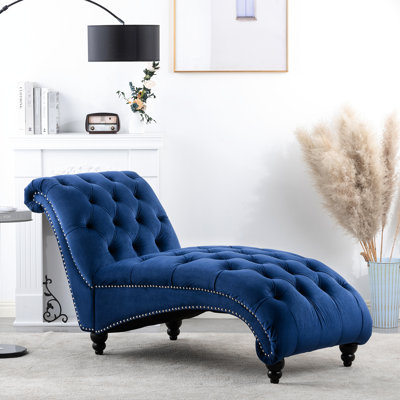 Chaise longue à large assise, rembourrage en éponge, emboutissage profond, housse en velours, chaise longue robuste de construction - structure de support robuste à garniture cloutée