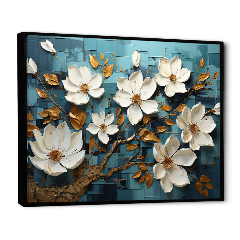 Blanc et bleu, charmante fleur printanière élégance IV - Fleurs, art mural, H 30 po x l 40 po x P 1,5 po, Cadre flottant noir
