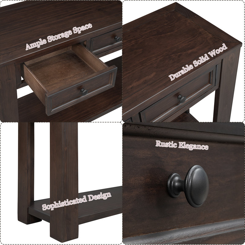 63"High-End Rustic Sofa Table With Drawers - Sturdy Craftsmanship, Hallway Storage Solution, Espresso Wood