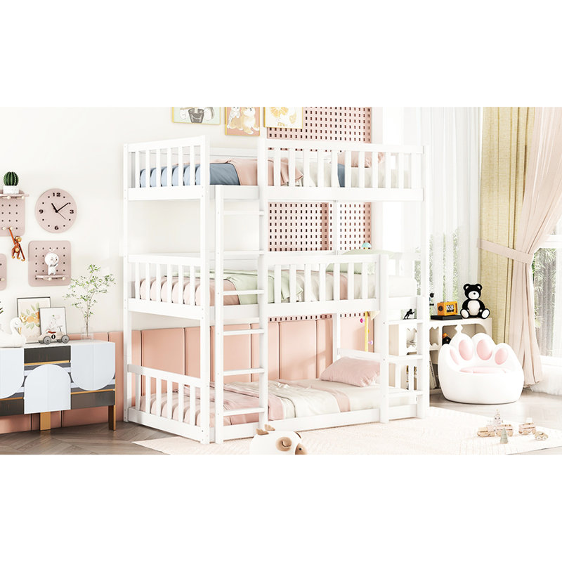 Twin Over Bunk Bed In White - Detachable Rubber Wood Design With Stable Ladders And Guardrails For Bedroom Structure Safe