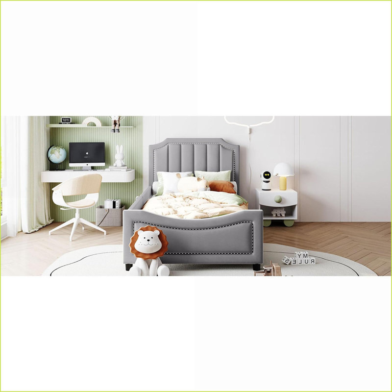 Twin Size Velvet Upholstered Daybed with Classic Stripe Headboard – No Box Spring Needed, Gray – Ideal for Guest/Bedroom