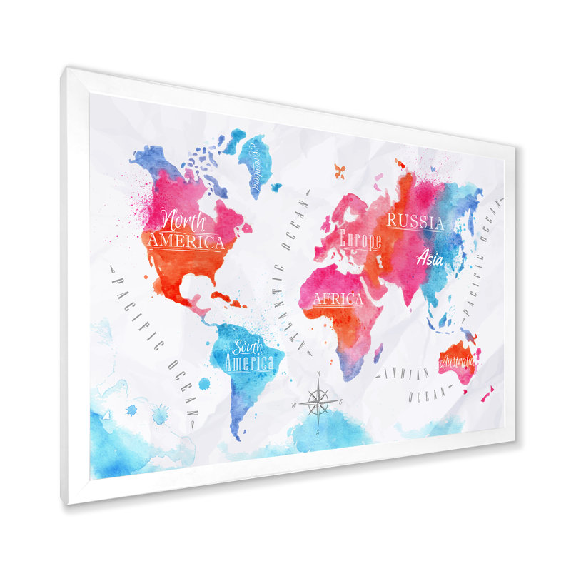 Carte du monde en rose et bleu - Impression sur toile, H 12 po x l 20 po x p 1 po, Cadre photo blanc