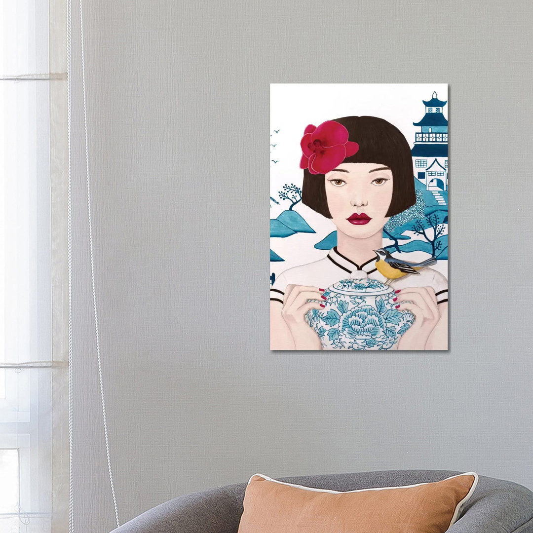 Chinesische Frau mit Topf und Vogel von Sally B - Galerie-umwickelte Leinwand Giclée auf Leinwand