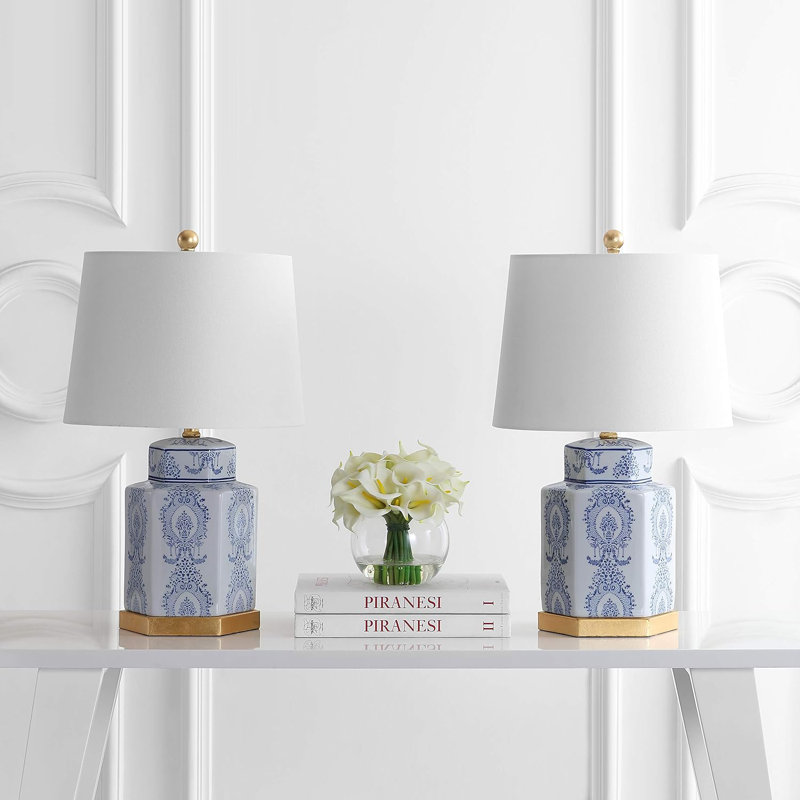 Bodin Blue and White Ceramic Table Lamp Set with Gold Leaf Finish