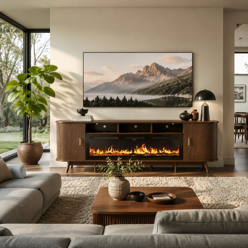 Meuble télé l 97 po avec foyer électrique de 60 po pour téléviseur de 100 po ou moins, meuble télé Tambour, Noyer