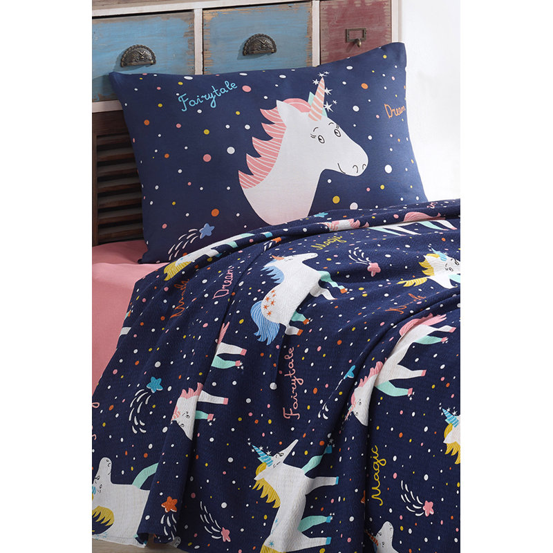 Ensemble de housse de couette 100% coton bleu foncé / blanc / rose Keiron, Housse de couette 63 po x 93 po + 1 taie d'oreille