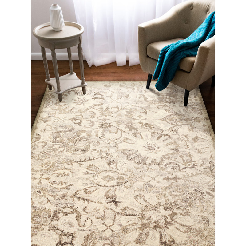Tapis floral en laine touffeté à la main beige / brun / gris clair Keshanna, Rectangle 7 pi 6 po x 9 pi 6 po