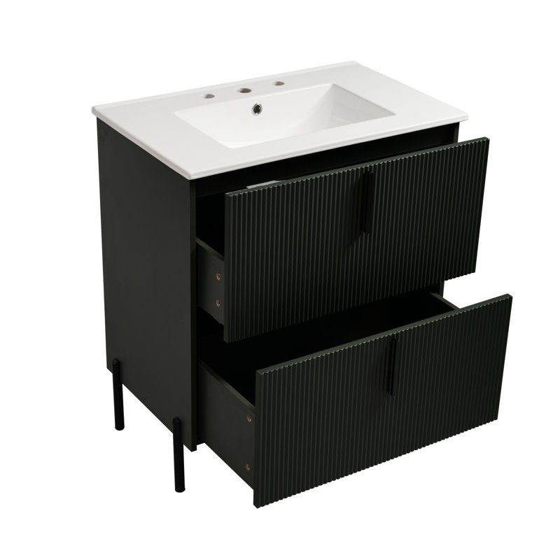 Meuble-lavabo de 30 po avec lavabo en céramique, armoire cannelée, glissières de tiroir à fermeture en douceur, tiroirs pleine extension, pieds de 8,27 po pour faciliter le nettoyage, fonctionnalité, 5,8 po