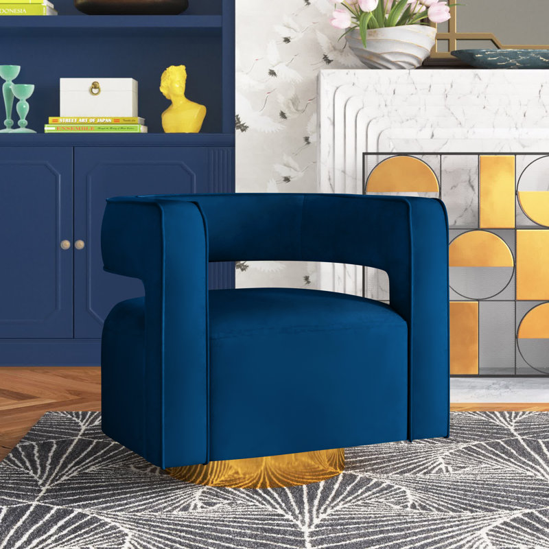 Fauteuil demi-tonneau pivotant en velours Aysha, Velours marine