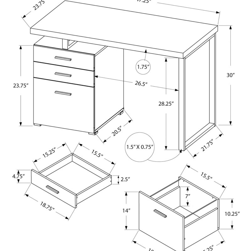 Bureau d'ordinateur, bureau personnel, ordinateur portable, installation à gauche, à droite, tiroirs de rangement, L 48 po, travail, stratifié, métal, contemporain, moderne