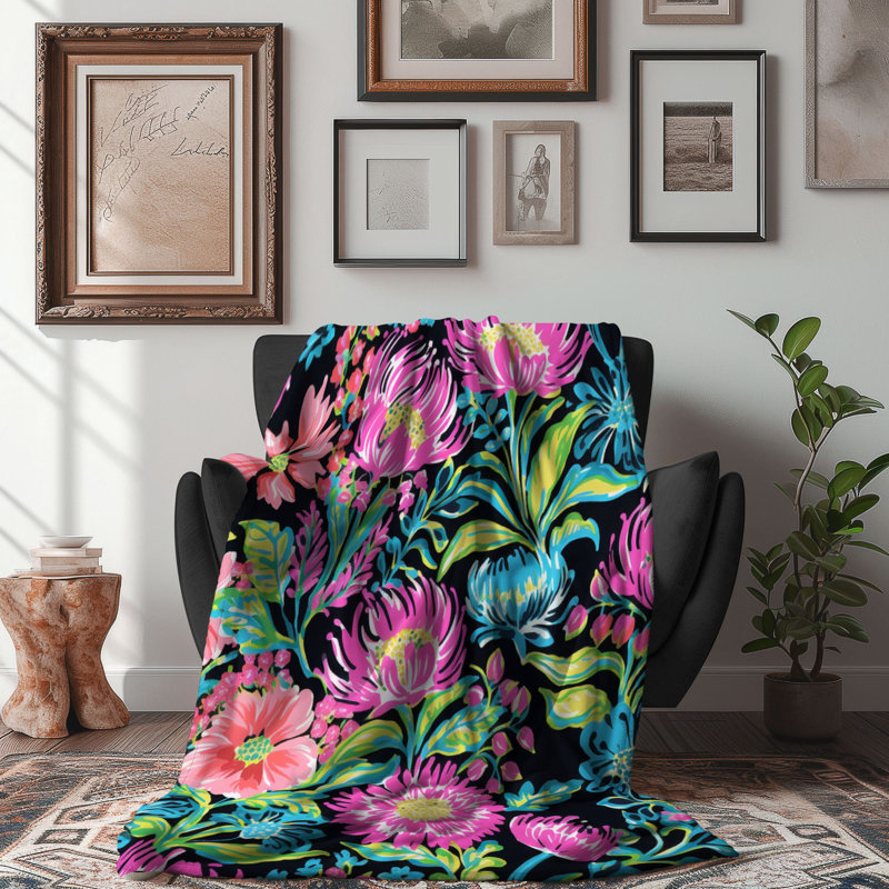 Fleurs de nuit colorées - couverture en sherpa de qualité supérieure 1 pièce, L 60 po x l 50 po
