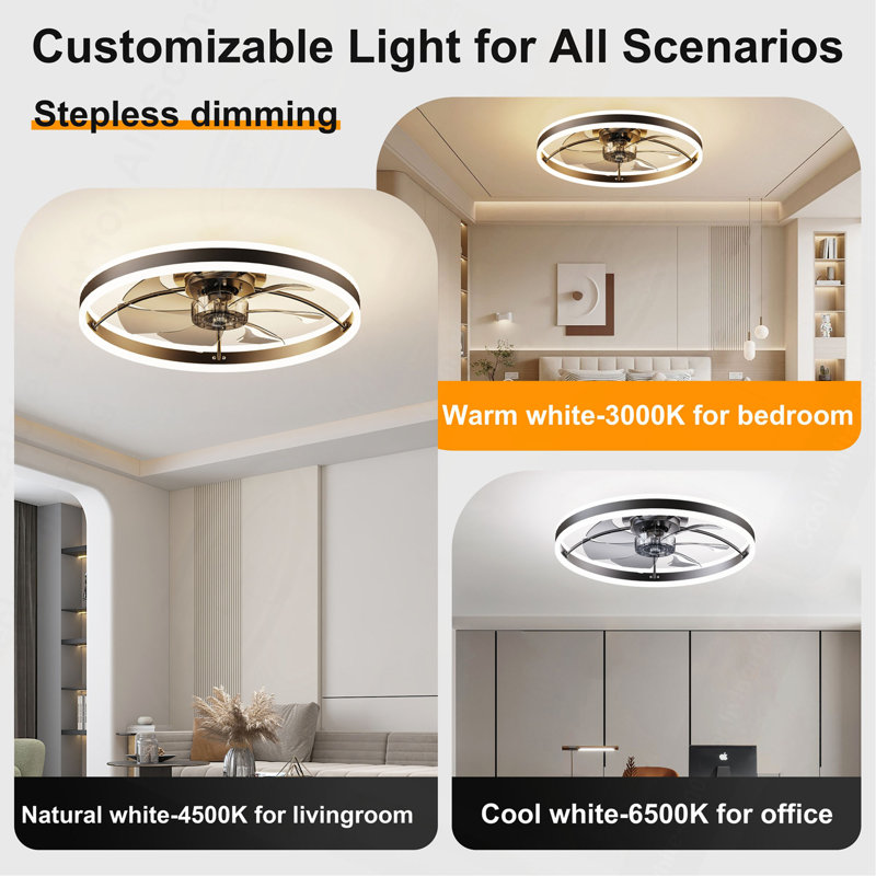 Ventilateur de plafond intelligent avec lumière DEL, conception métallique moderne à 7 pales, moteur à courant continu silencieux à 6 vitesses, application et télécommande, lumière à intensité variable 3000K-6500K