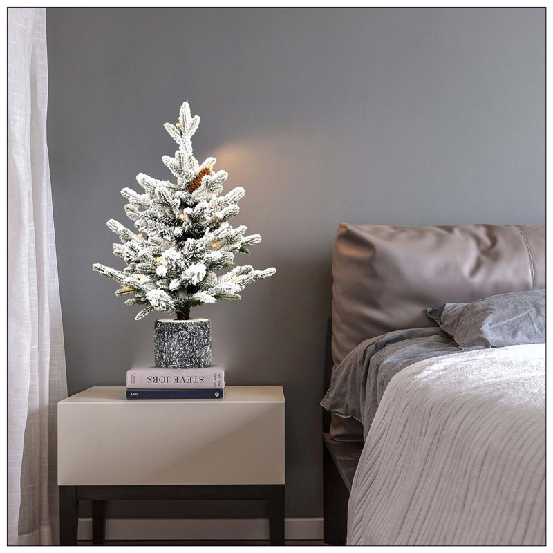 Arbre de Noël floqué avec base en pot - 30 lumières à DEL blanc chaud, 189 pointes, branches en PE + PVC avec 3 pommes de pin - petit arbre de fêtes pré-éclairé pour la table, le vestibule ou la décoration intérieure