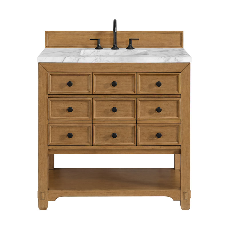 Meuble-lavabo simple l 36 po Malibu, Bouleau ambré, Marbre de Carrare, À entraxe