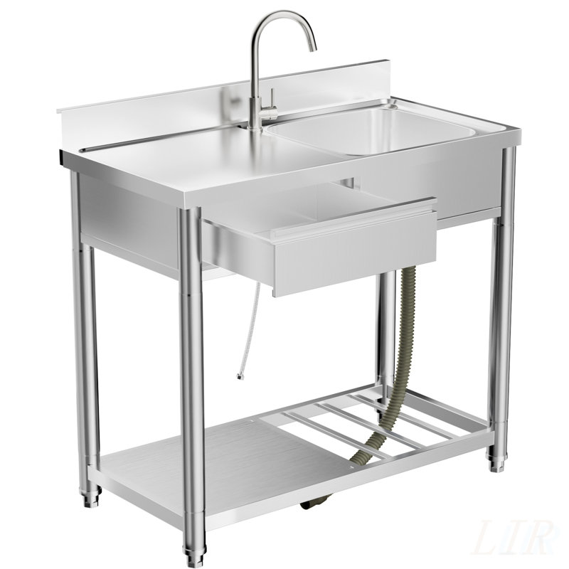 304 Stainless Steel Outdoor Utility Sink with Workbench, Storage Shelf, and 360° Hot & Cold Water Faucet