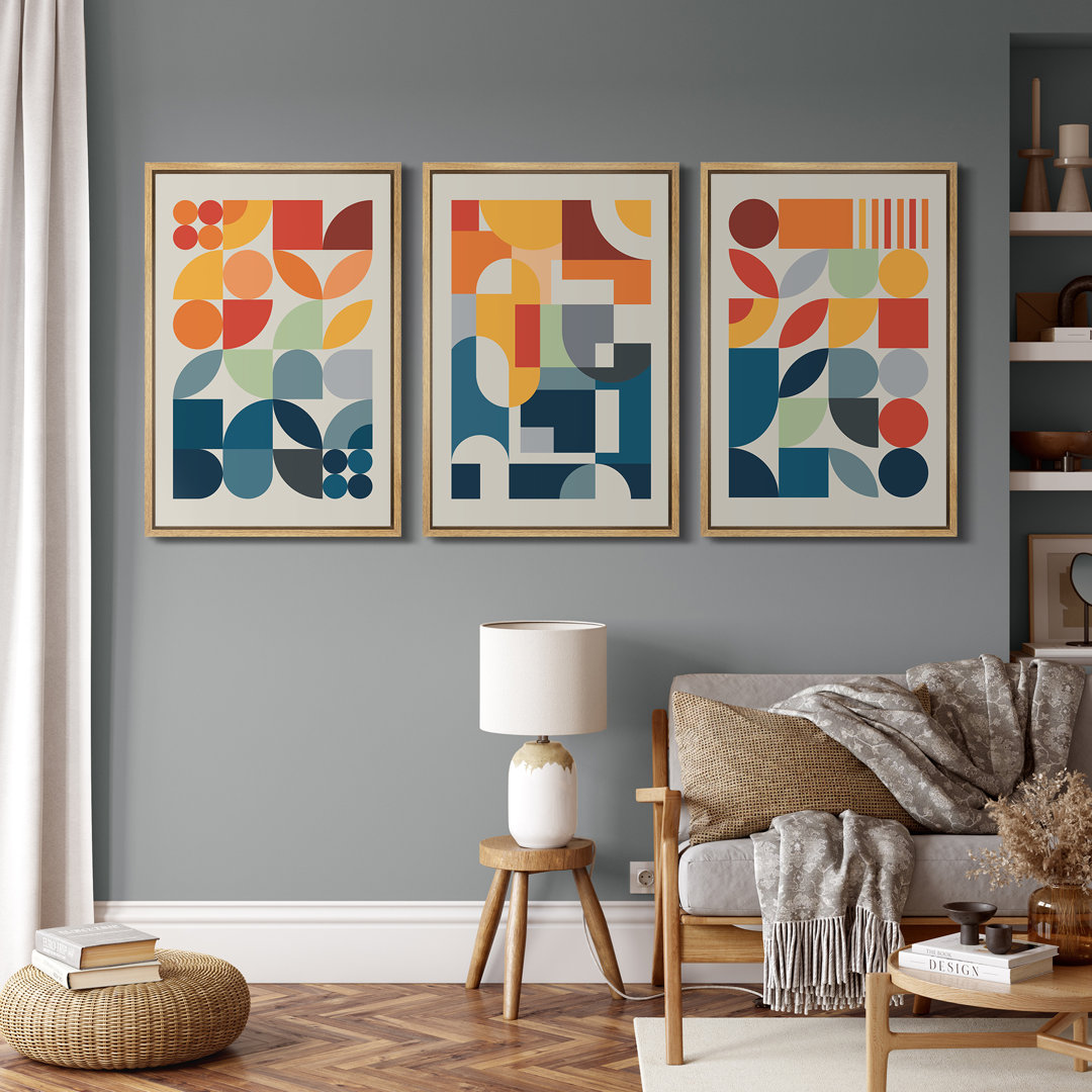 Abstract Vibrant Color Blocks Orange Blue Mid Century Modern Pictures Canvas 3 Pieces Print Wall Art IDEA4WALL Frame 