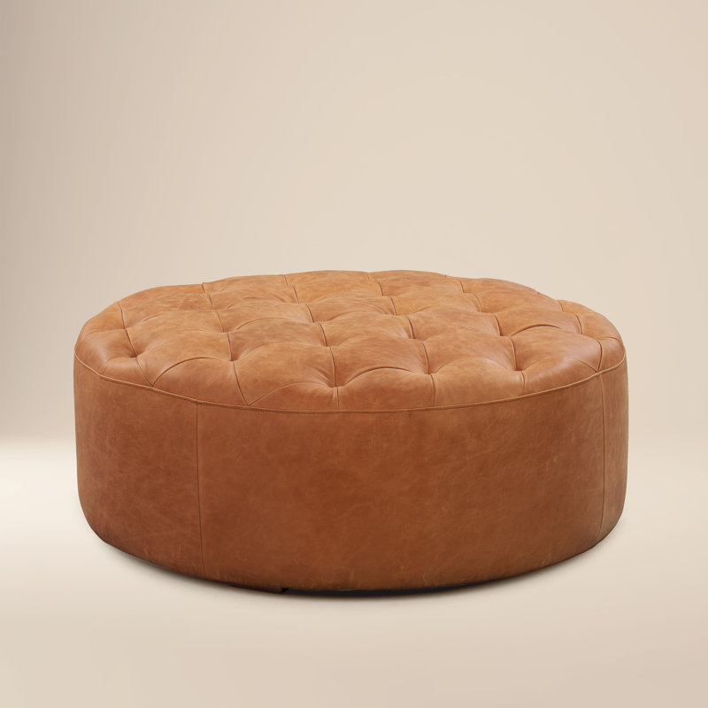 Ascot Full-Grain Genuine Italian Leather Ottoman, Cognac Tan