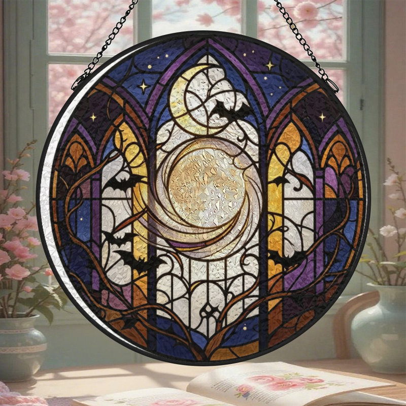 Vitrail lune (1) panneaux vitrail Suncatcher pour décor de fenêtre, 9.8x9.8in(25x25cm)