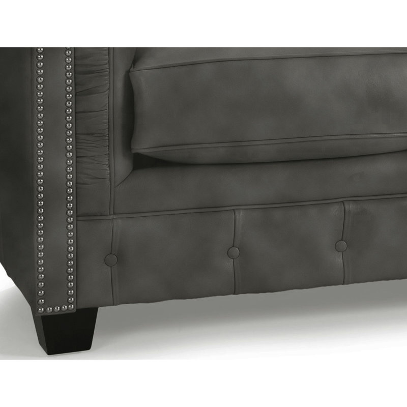 Canapé Chesterfield à accoudoirs roulés en cuir véritable de 86 po Melany, Gris patiné